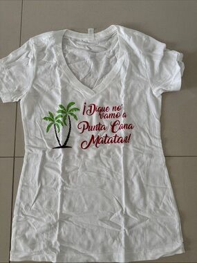 Women’s White V-Neck Tee with Red Script and Green Palm Graphic